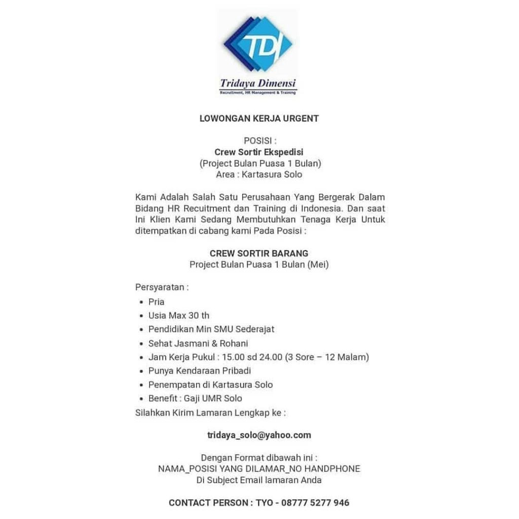 Lowongan Kerja Ekspedisi Tridaya Dimensi di Solo - INFO LOKER SOLO