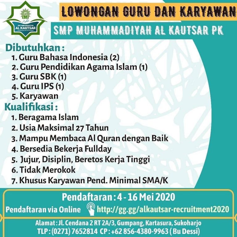Lowongan Kerja SMP Muhammadiyah Al Kautsar Gumpang - INFO LOKER SOLO