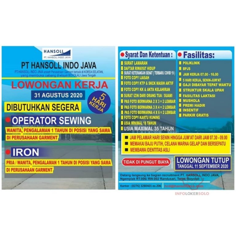 Lowongan Kerja PT Hansoll Indo Java di Solo - INFO LOKER SOLO