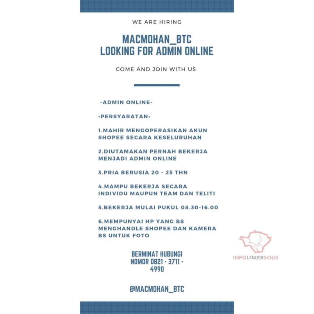 Lowongan Kerja Admin Online Mac Mohan BTC - INFO LOKER SOLO