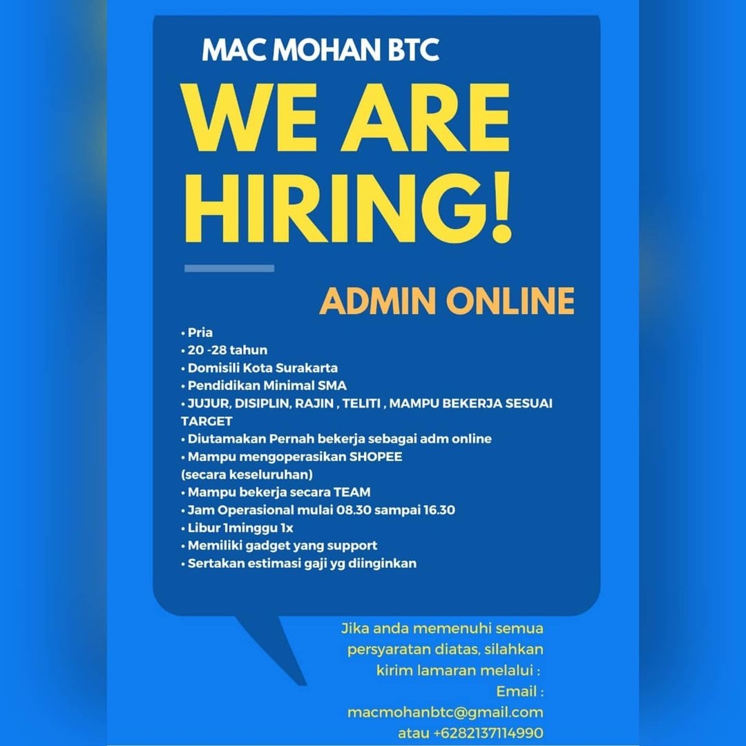 Lowongan Kerja Admin Online Mac Mohan BTC Solo - INFO LOKER SOLO