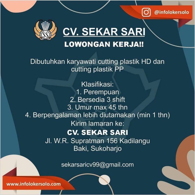 Lowongan Kerja Tim Cutting Pabrik Plastik CV Sekar Sari Sukoharjo