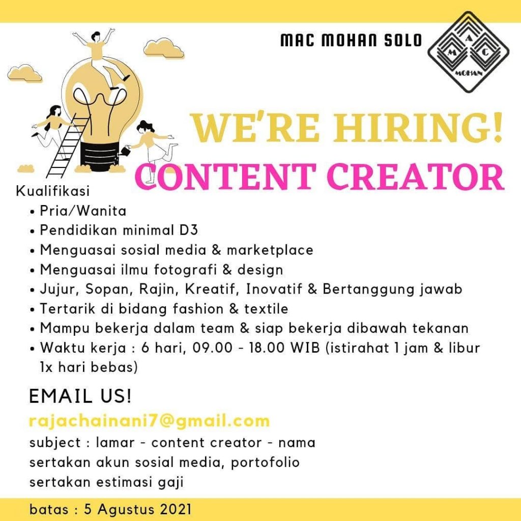 Lowongan Kerja Content Creator Mac Mohan di Solo - INFO LOKER SOLO
