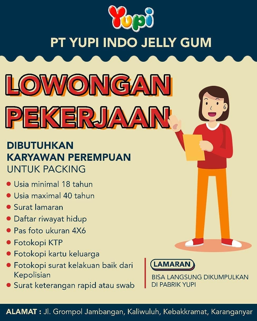 Lowongan Kerja Karyawan Packing Wanita PT Yupi Indo Jelly Gum - INFO
