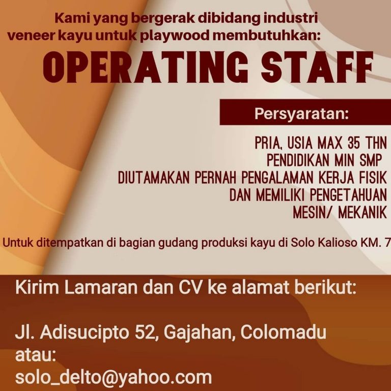 Lowongan Kerja Operating Staff Industri Veneer Kayu Playwood - INFO