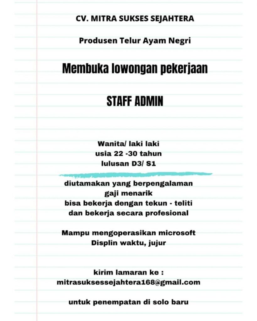 Lowongan Kerja Staff Admin CV Mitra Sukses Sejahtera Solo Baru - INFO ...