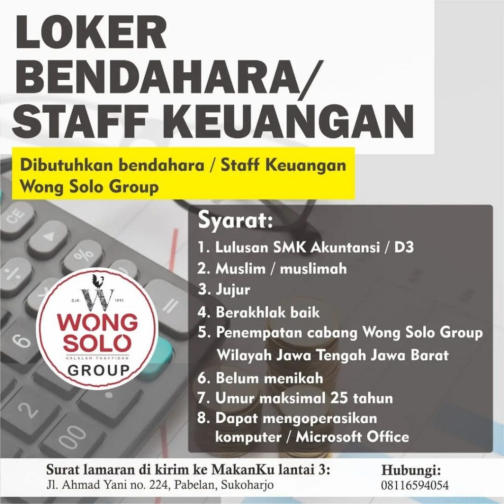 Lowongan Kerja Staff Keuangan Wong Solo Group - INFO LOKER SOLO