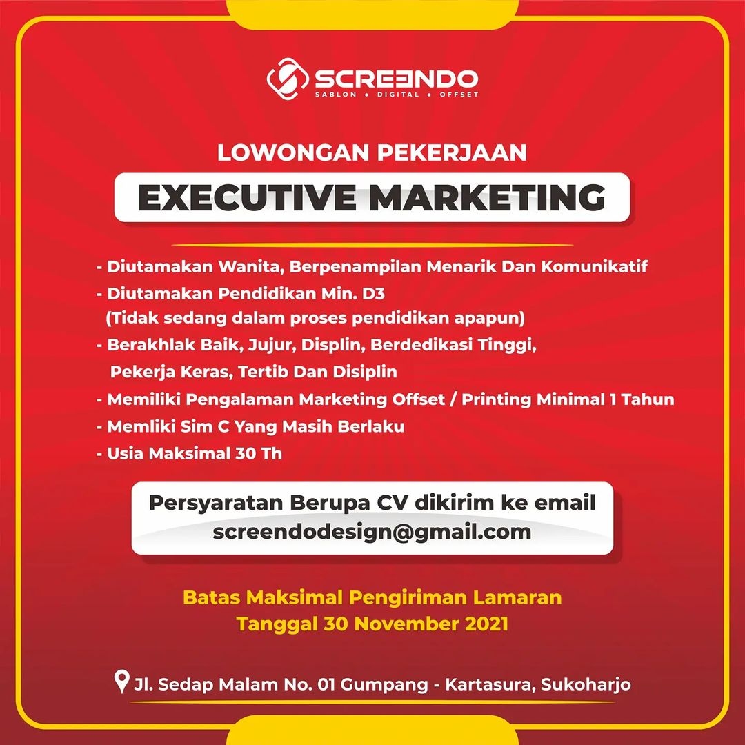 Lowongan Kerja Executive Marketing Wanita Screendo Design di Solo ...