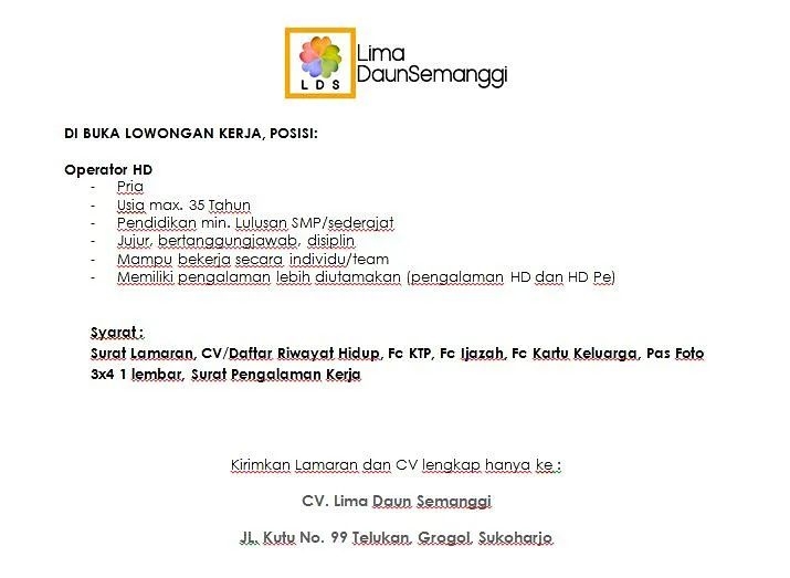 Lowongan Kerja Operator HD CV Lima Daun Semanggi - INFO LOKER SOLO