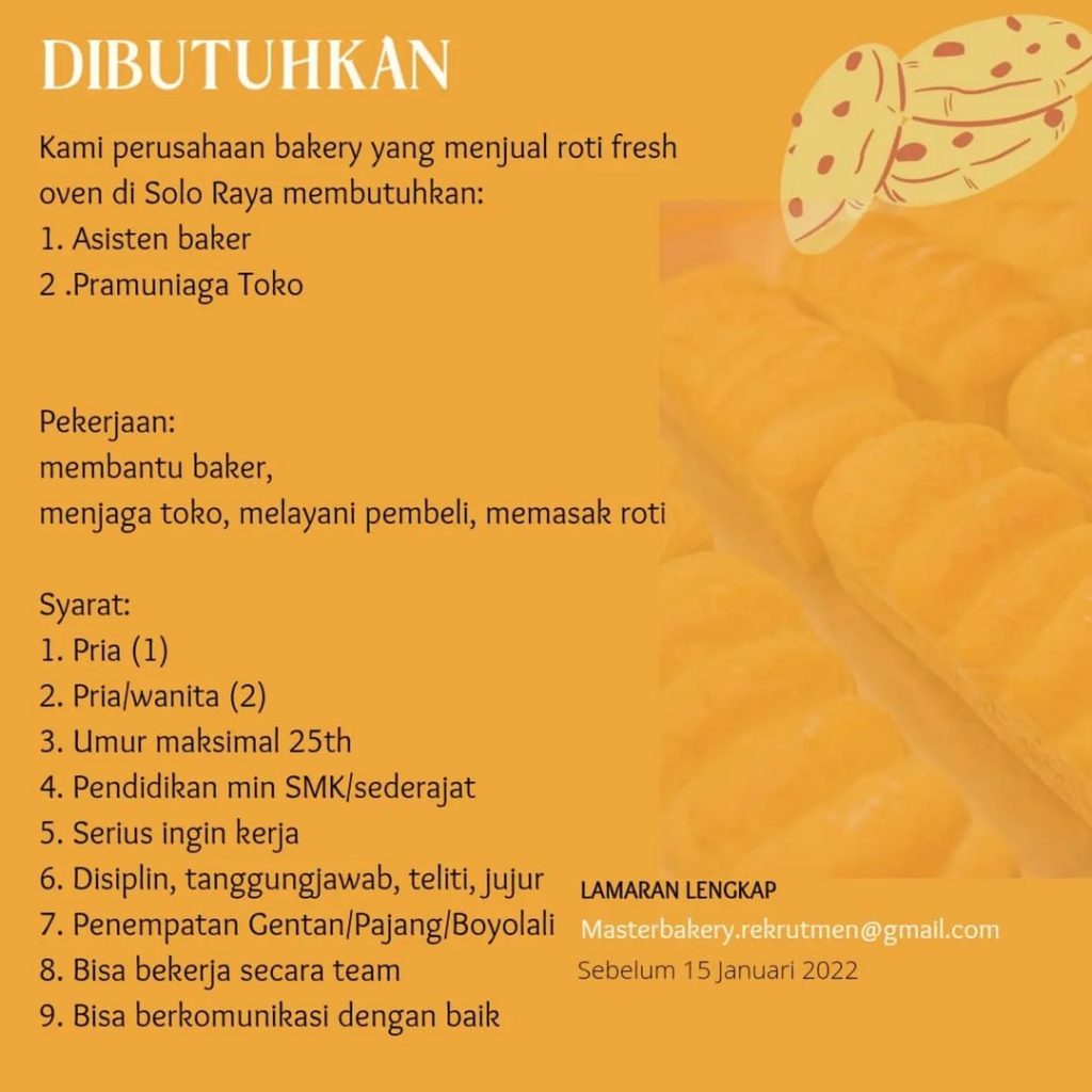 Master Bakery Roti Lowongan Kerja Perusahaan Toko Roti Master Bakery di Solo - INFO LOKER SOLO