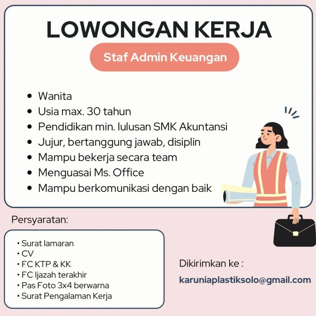 Lowongan Kerja Staff Admin Keuangan Karunia Plastik di Solo - INFO ...