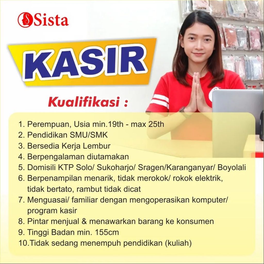 Lowongan Kerja 2022 Kasir Sales Sista Group di Solo - INFO LOKER SOLO