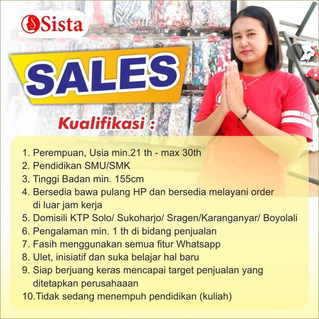 Lowongan Kerja 2022 Kasir Sales Sista Group di Solo - INFO LOKER SOLO