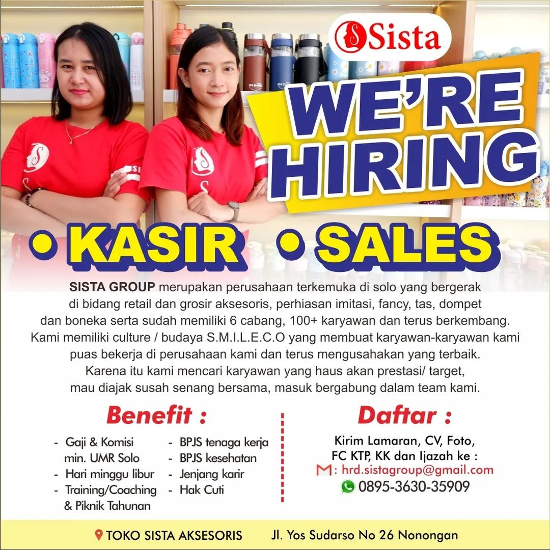 Lowongan Kerja 2022 Kasir Sales Sista Group di Solo - INFO LOKER SOLO