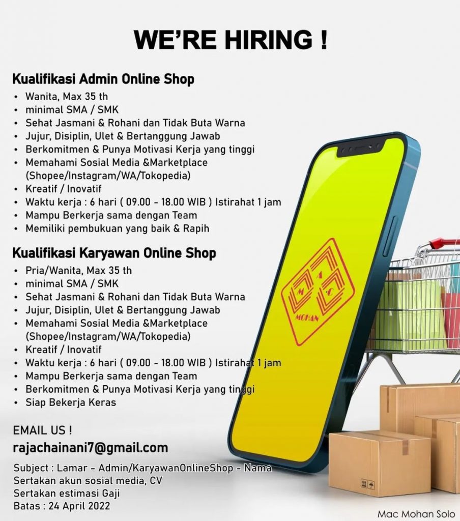 Lowongan Kerja April 2022 Online Shop Mac Mohan Solo - INFO LOKER SOLO