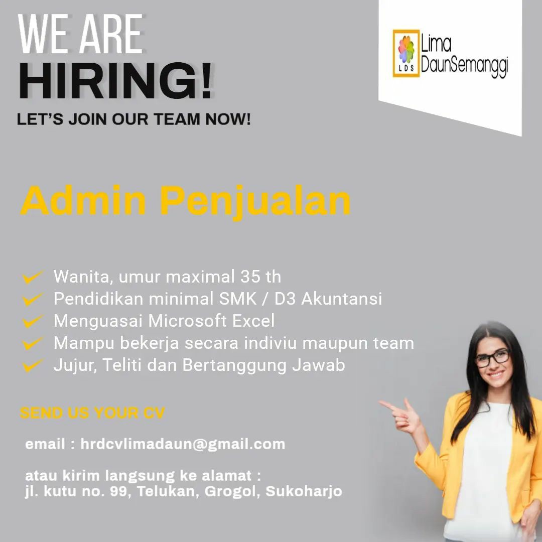 Lowongan Kerja Juni 2022 Admin Penjualan CV Lima Daun Semanggi - INFO ...