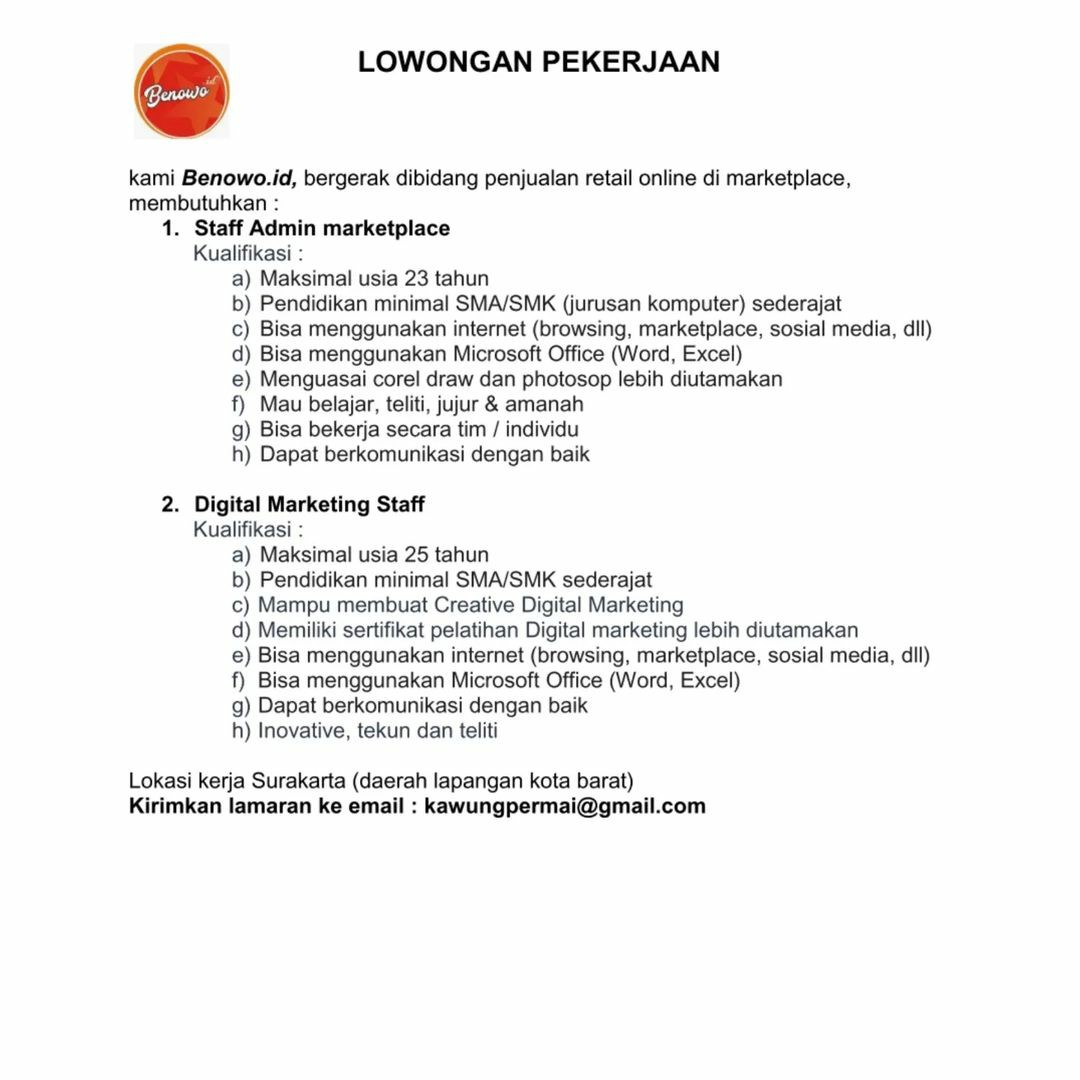 Lowongan Kerja Juni 2022 Team Benowo ID di Solo - INFO LOKER SOLO