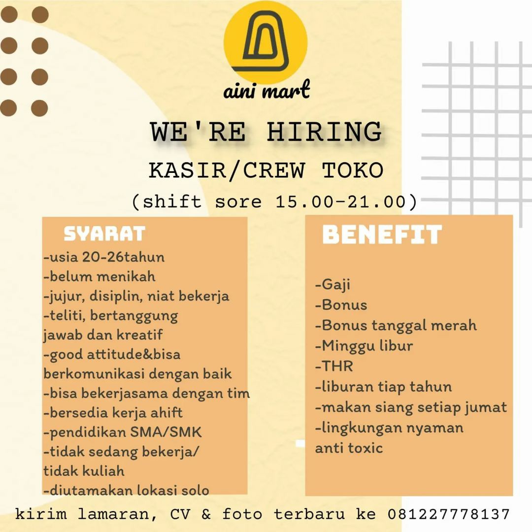 Lowongan Kerja Juli 2022 Crew Toko Aini Mart di Solo - INFO LOKER SOLO