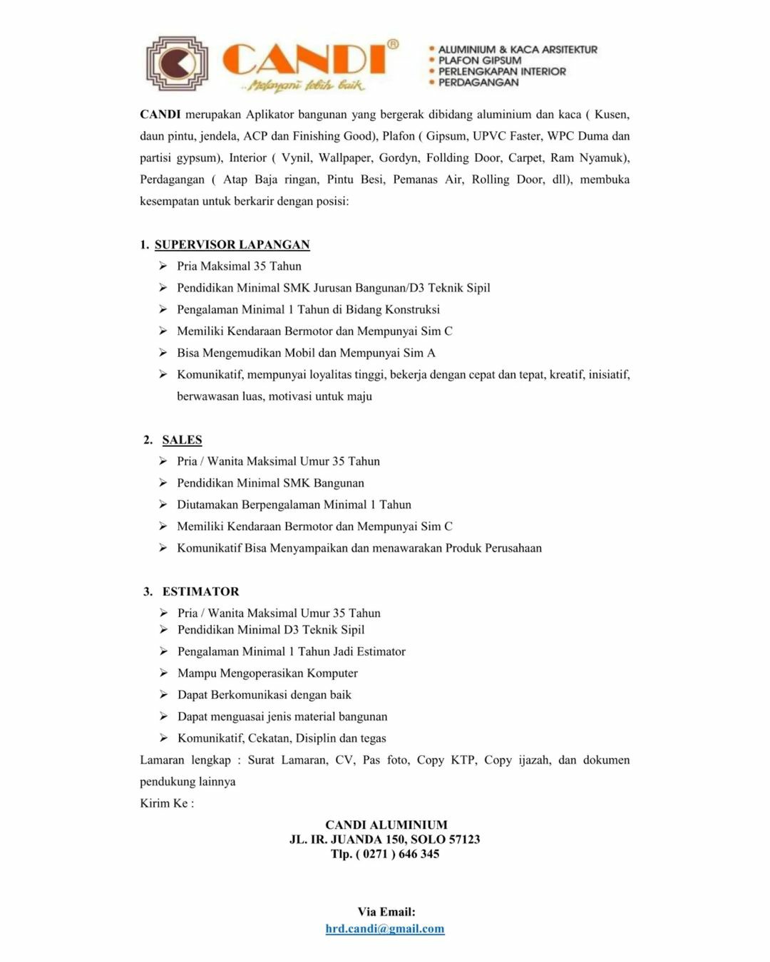 Lowongan Kerja Juli 2022 Team Candi Alumunium di Solo - INFO LOKER SOLO
