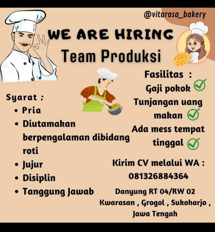 Lowongan Kerja Juli 2022 Team Produksi Vitarasa Bakery di Solo - INFO ...
