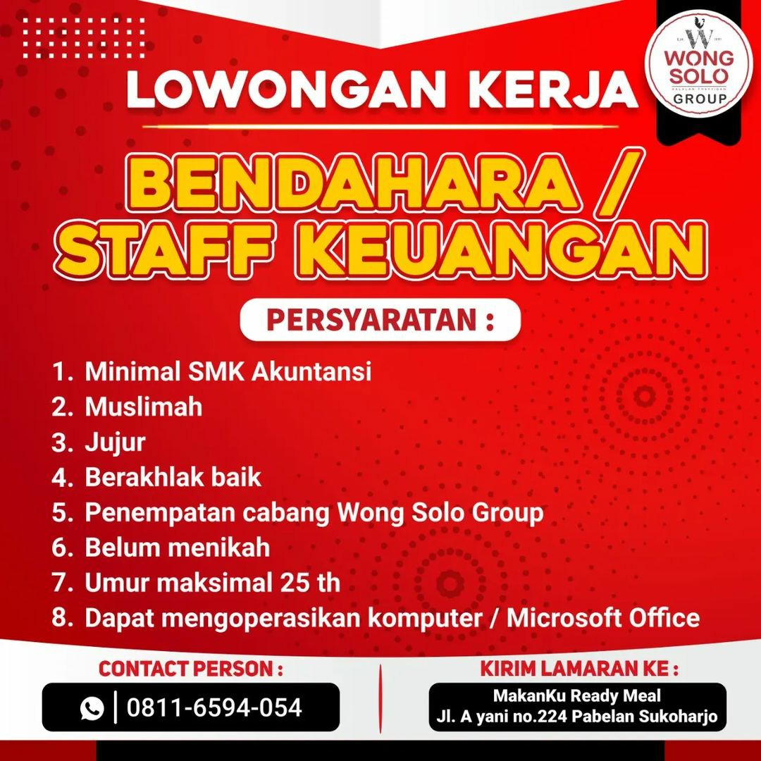 Lowongan Kerja September 2022 Bendahara Wong Solo Group - INFO LOKER SOLO
