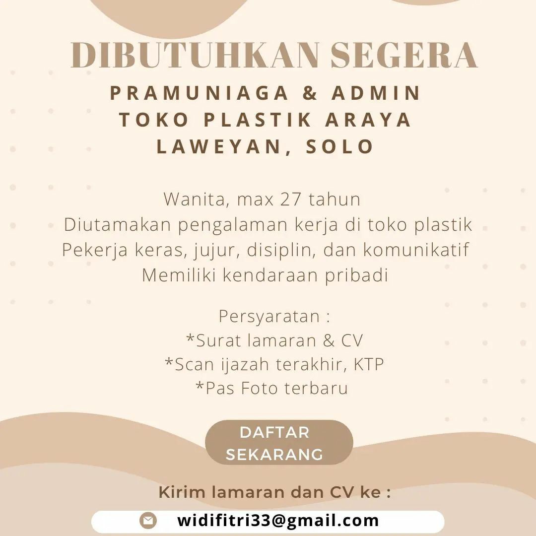 Lowongan Kerja Oktober 2022 Admin Toko Plastik Araya di Solo - INFO ...