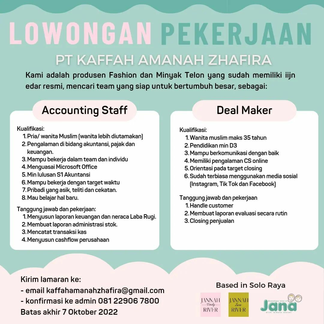 Lowongan Kerja Oktober 2022 Team PT Kaffah Amanah Zhafira di Solo ...