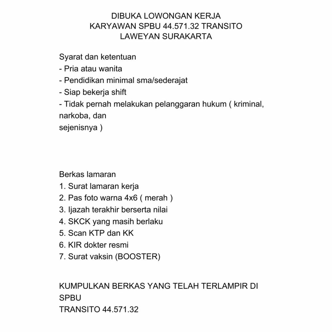 Lowongan Kerja Oktober 2022 Team SPBU Transito di Solo - INFO LOKER SOLO