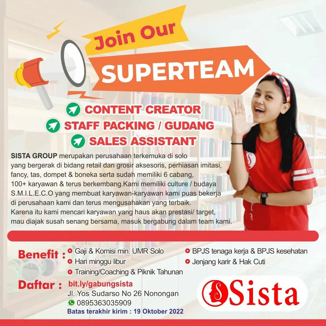 Lowongan Kerja Oktober 2022 Team Sista Group di Solo - INFO LOKER SOLO