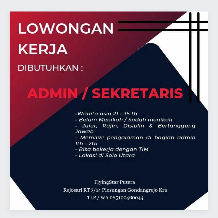 Lowongan Kerja November 2022 Admin Flyingstar Putera di Solo - INFO ...