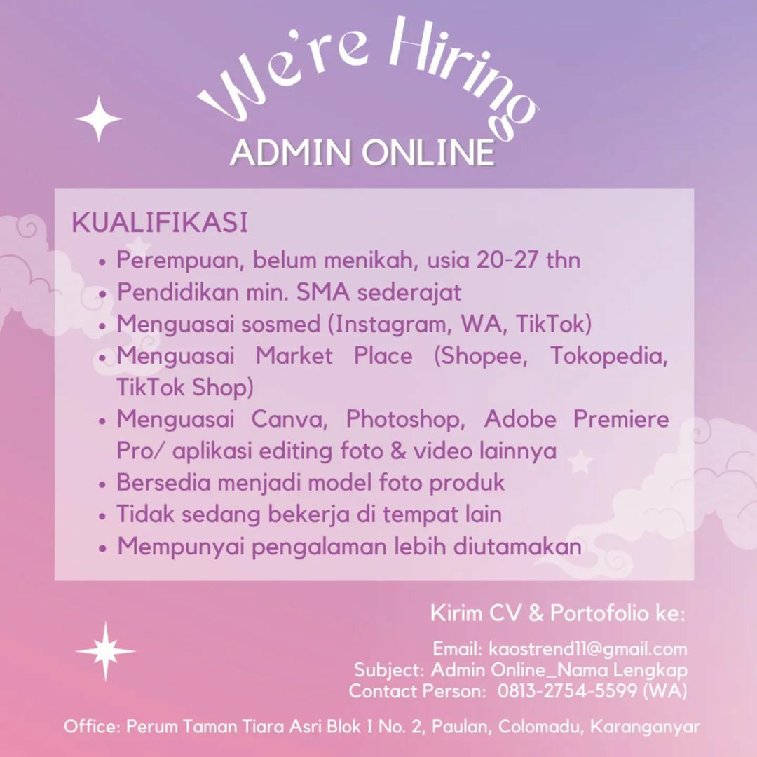 Lowongan Kerja Desember 2022 Admin Online Shop di Solo - INFO LOKER SOLO