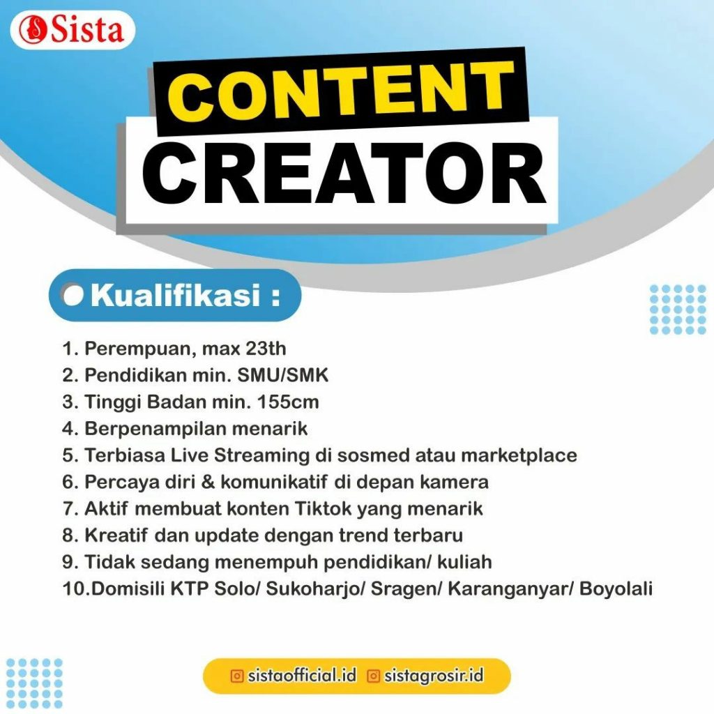 Lowongan Kerja Desember 2022 Team Sista Group di Solo - INFO LOKER SOLO