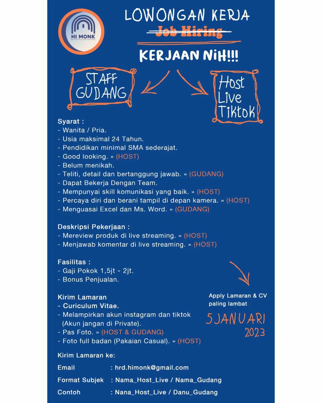Lowongan Kerja Desember 2022 Team Himonk di Solo - INFO LOKER SOLO