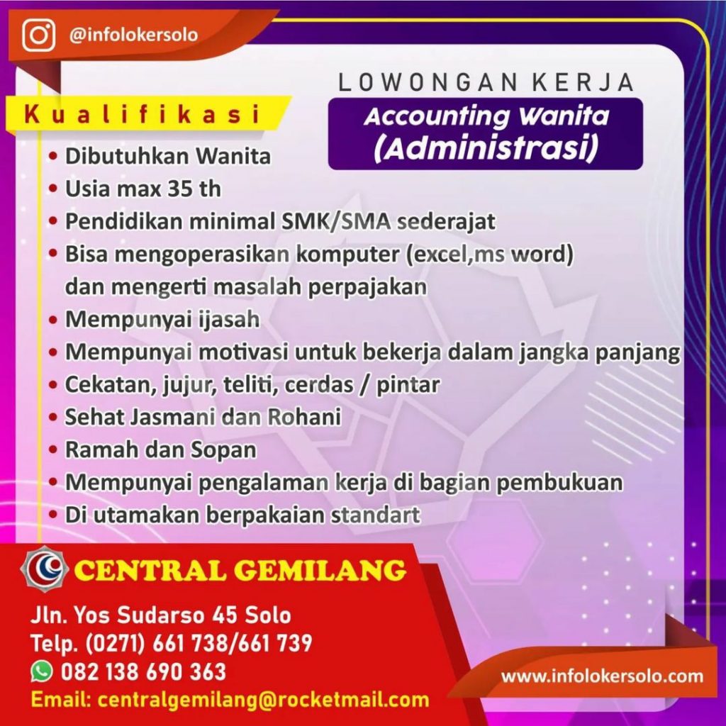 Lowongan Kerja Januari 2023 Accounting Wanita Central Gemilang di Solo ...