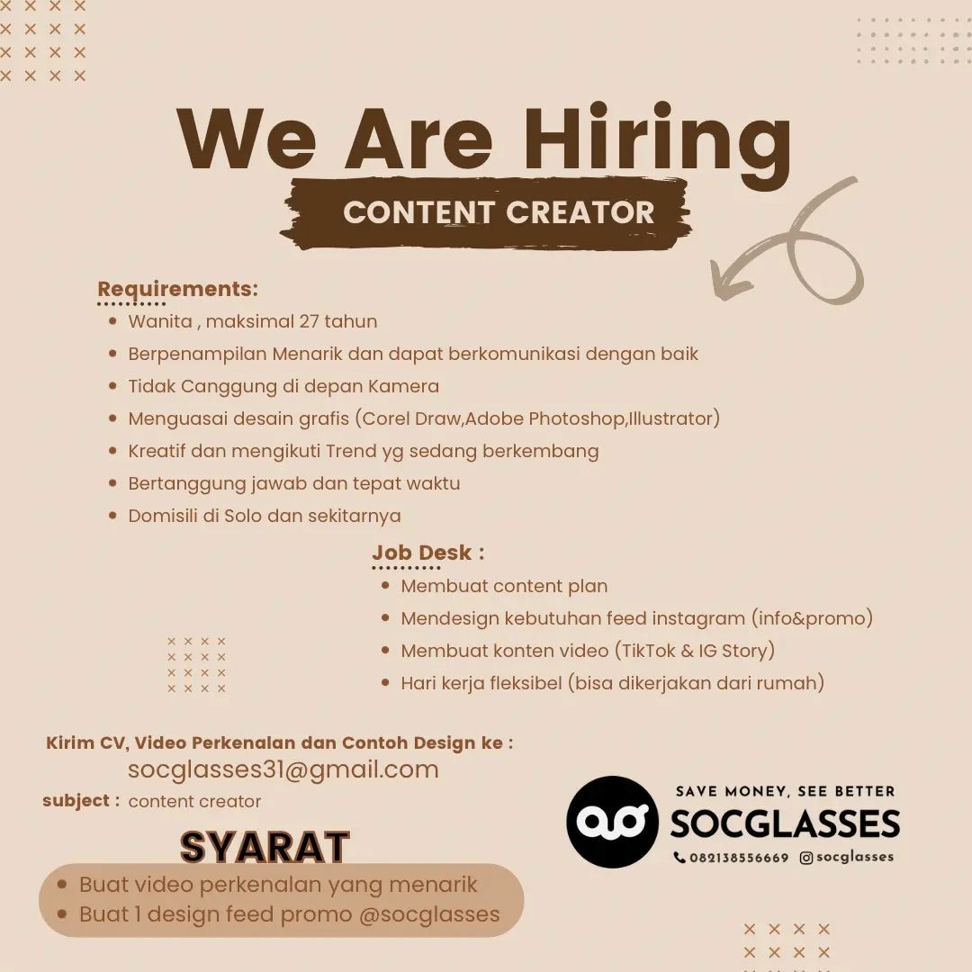 Lowongan Kerja Januari 2023 Content Creator Socglasses di Solo - INFO ...