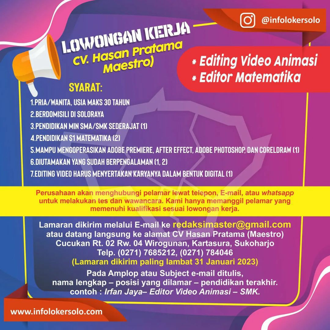 Lowongan Kerja Januari 2023 Editor CV Hasan Pratama di Solo - INFO ...