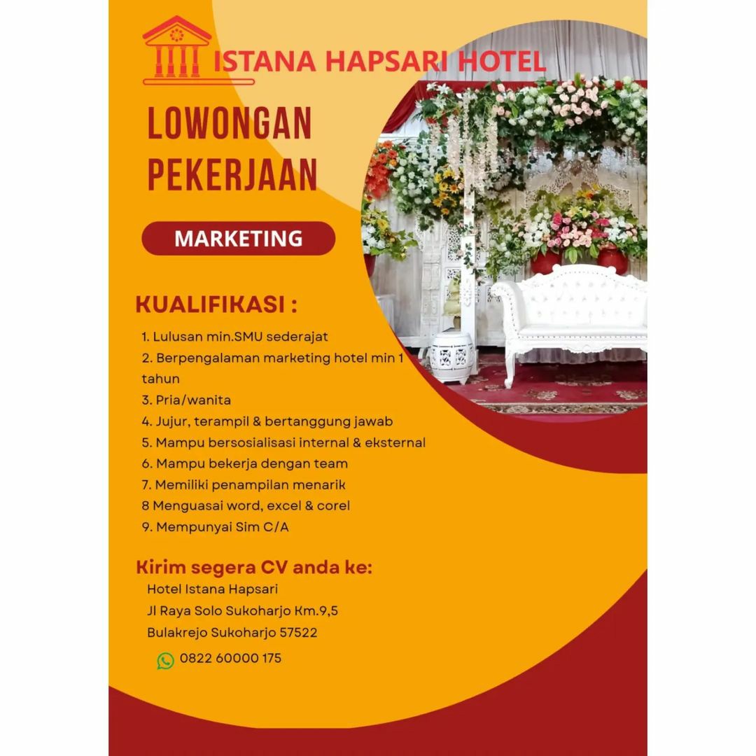 Lowongan Kerja Januari 2023 Marketing Istana Hapsari Hotel Sukoharjo ...