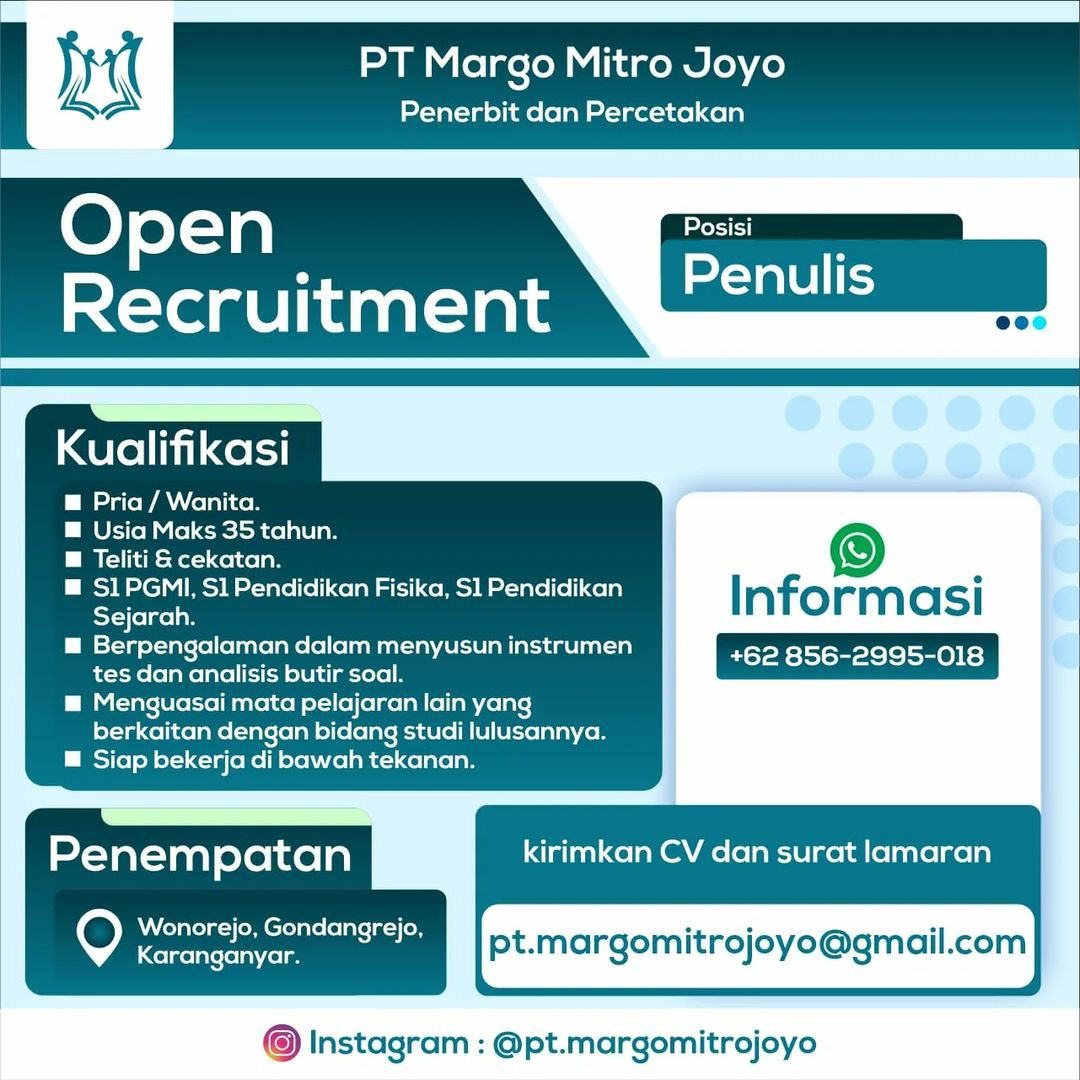 Lowongan Kerja Januari 2023 Penulis PT Margo Mitro Joyo di Solo - INFO ...