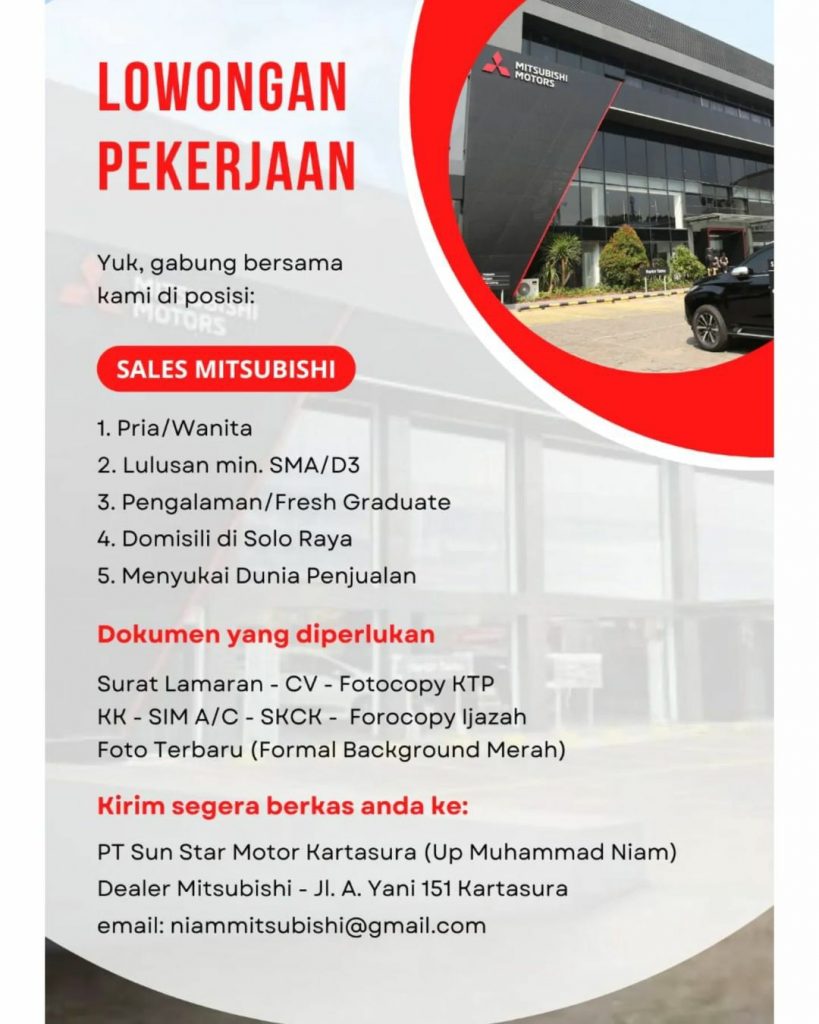 Lowongan Kerja Januari 2023 Sales Mitsubishi PT Sun Star Motor ...