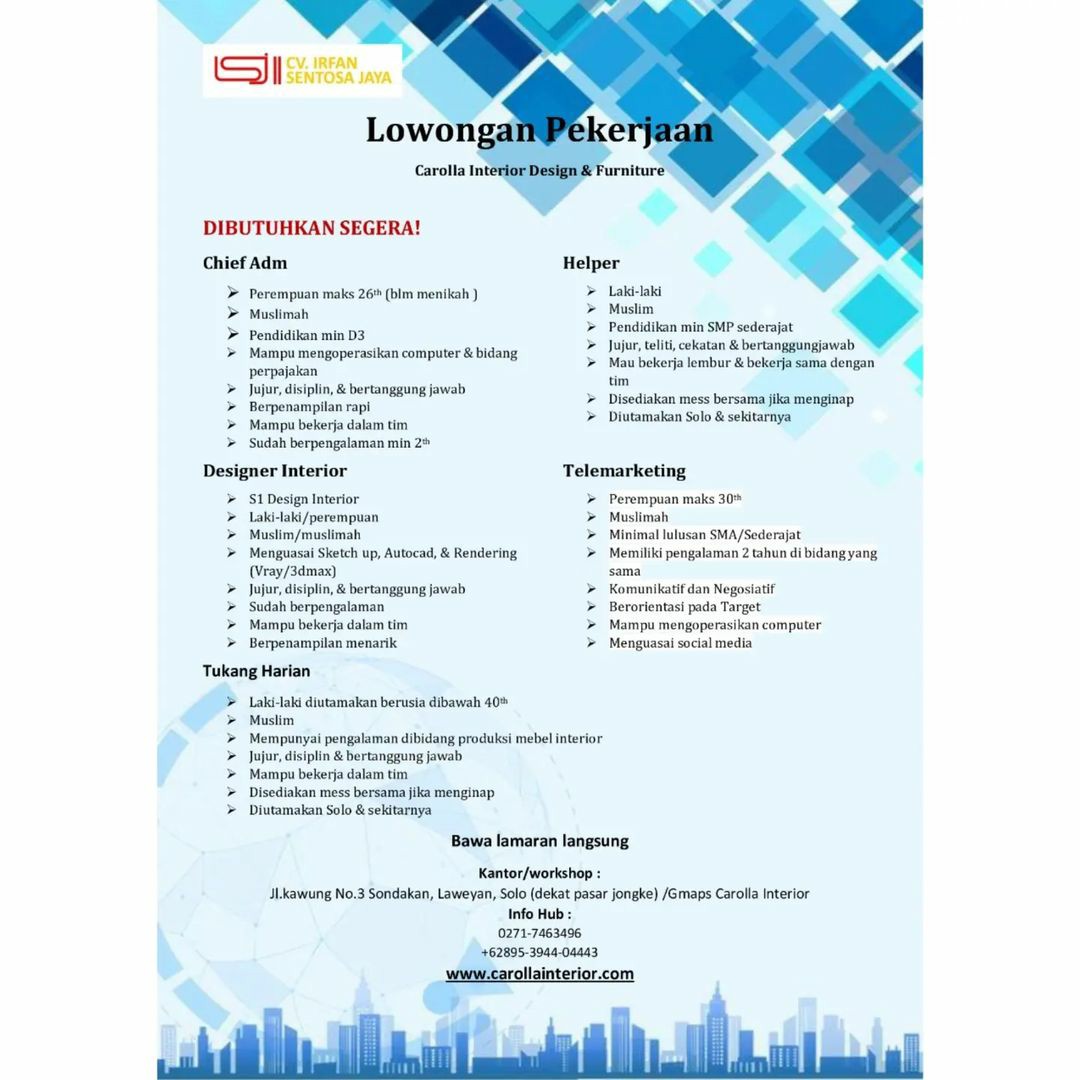 Lowongan Kerja Januari 2023 Team CV Irfan Sentosa Jaya di Solo - INFO ...
