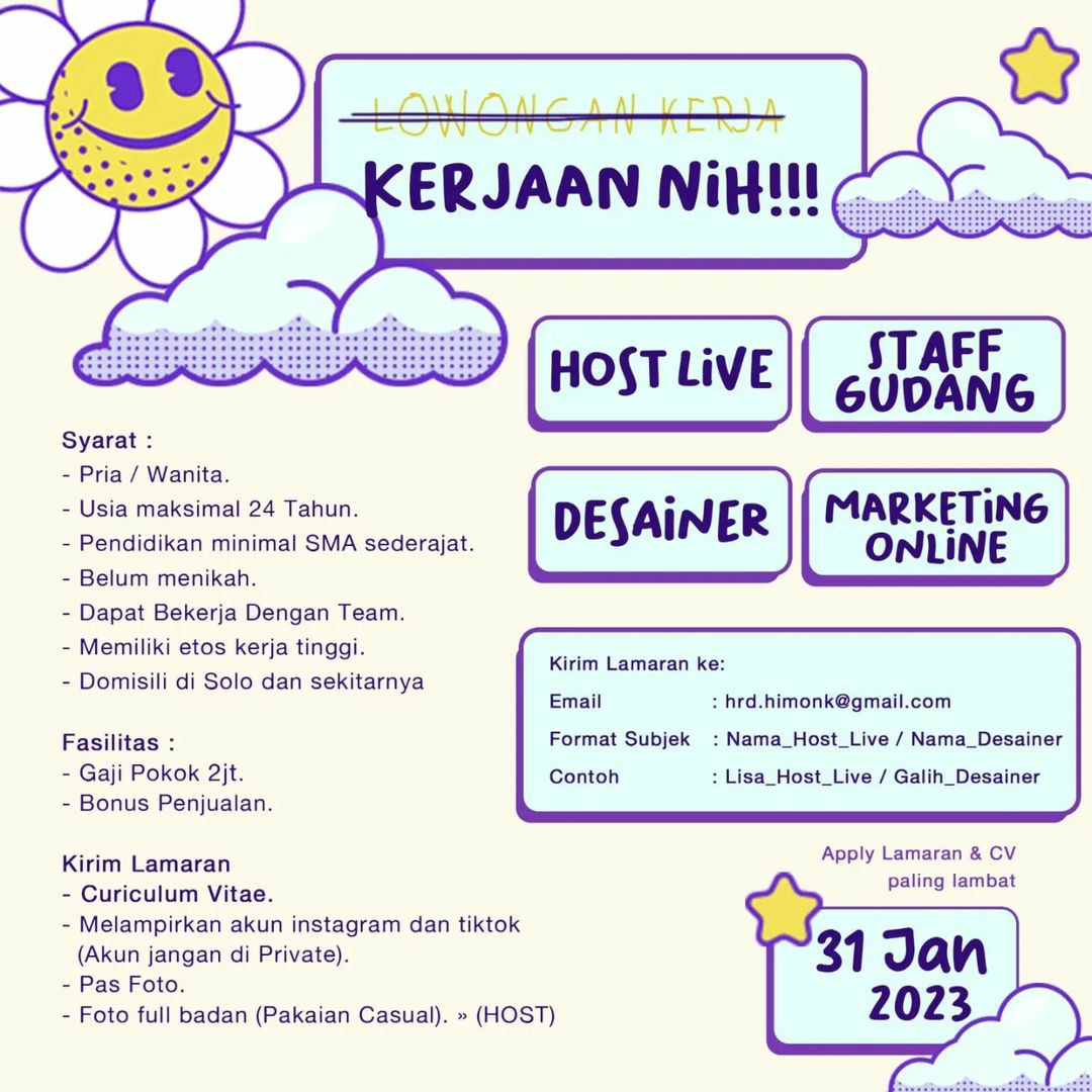 Lowongan Kerja Januari 2023 Team Himonk di Solo - INFO LOKER SOLO