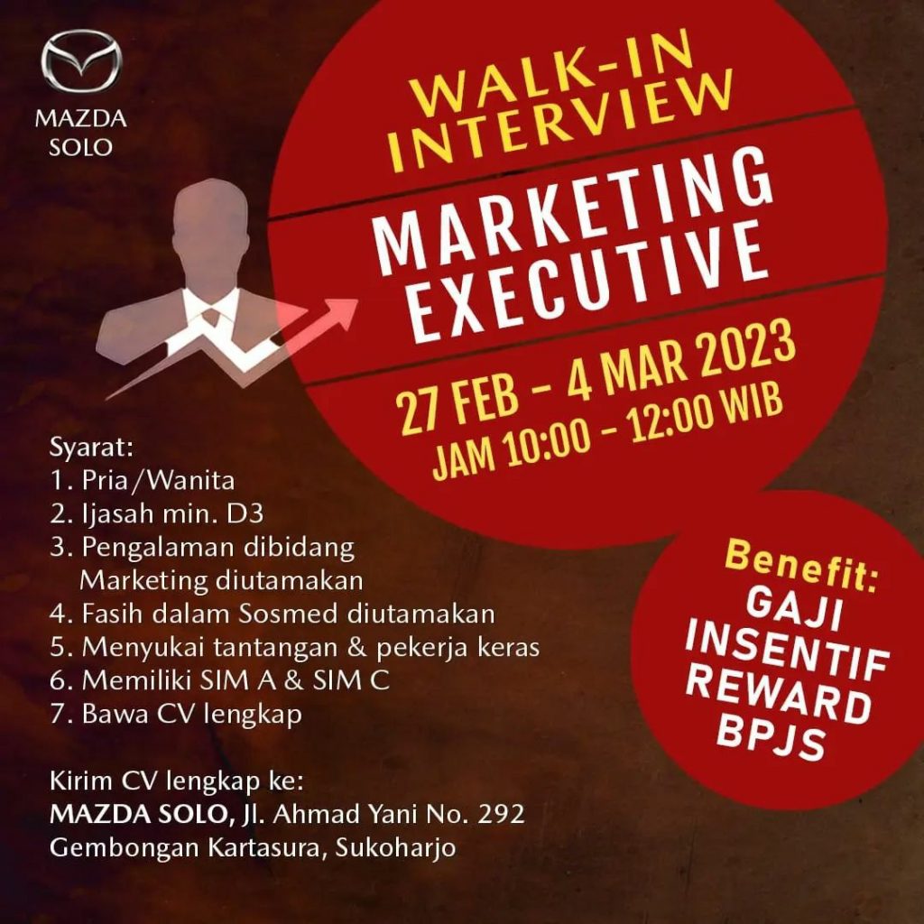 Lowongan Kerja Februari 2023 Markerting Executive Mazda di Solo - INFO ...