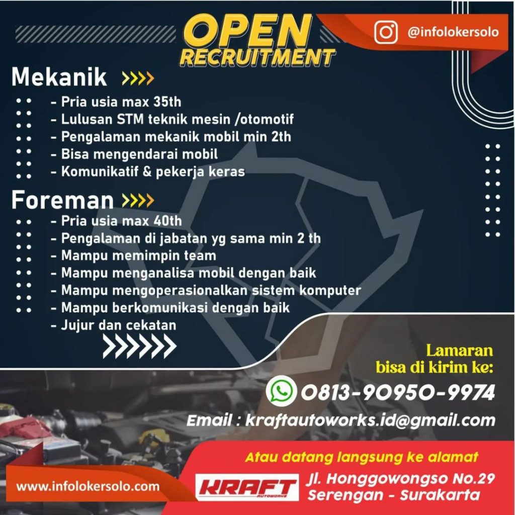Lowongan Kerja Februari 2023 Mekanik Kraft Autoworks di Solo - INFO ...