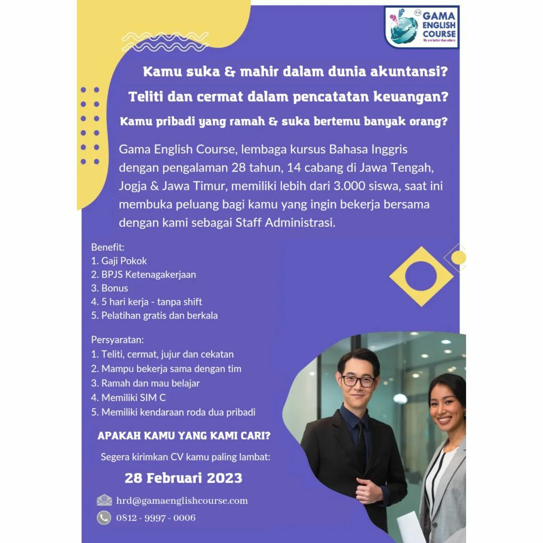 Lowongan Kerja Februari 2023 Staff Gama English Course di Solo - INFO ...