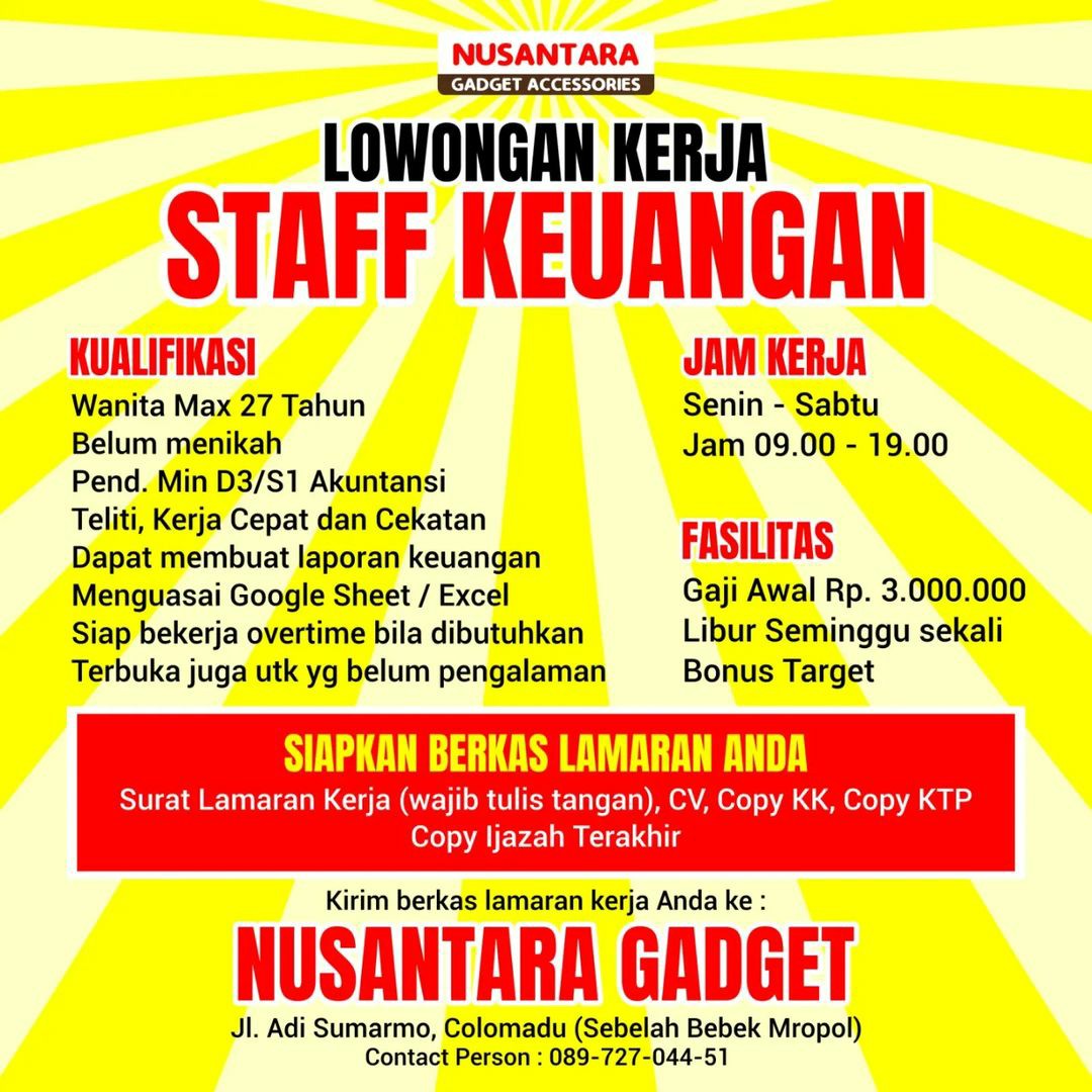 Lowongan Kerja Februari 2023 Staff Keuangan Nusantara Gadget ...
