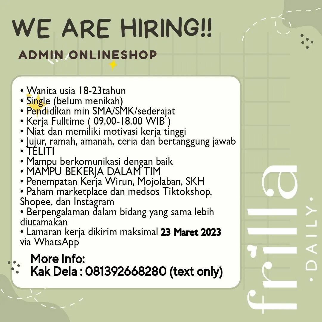 Lowongan Kerja Maret 2023 Admin Online Shop Frilla Daily di Solo - INFO ...