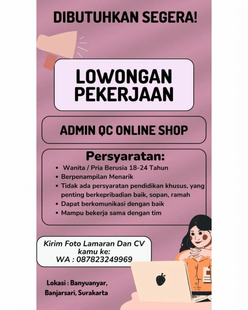 Lowongan Kerja Maret 2023 Admin QC Online Shop di Solo - INFO LOKER SOLO