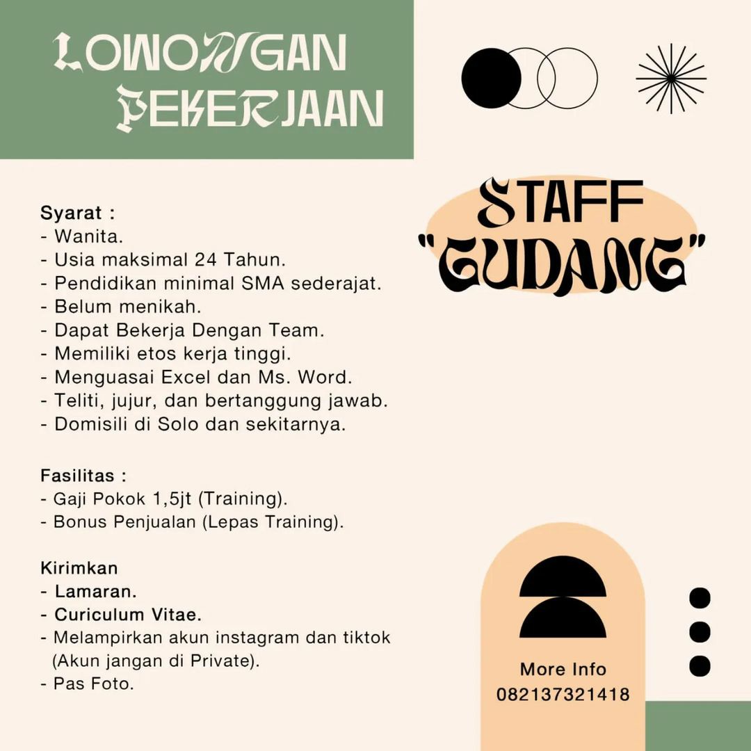 Lowongan Kerja Maret 2023 Staff Gudang Wanita di Solo - INFO LOKER SOLO