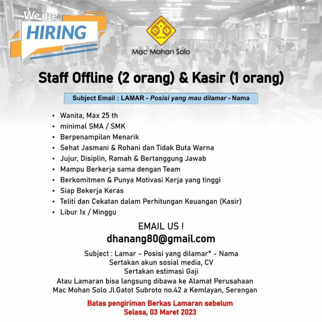 Lowongan Kerja Maret 2023 Staff Offline Mac Mohan di Solo - INFO LOKER SOLO