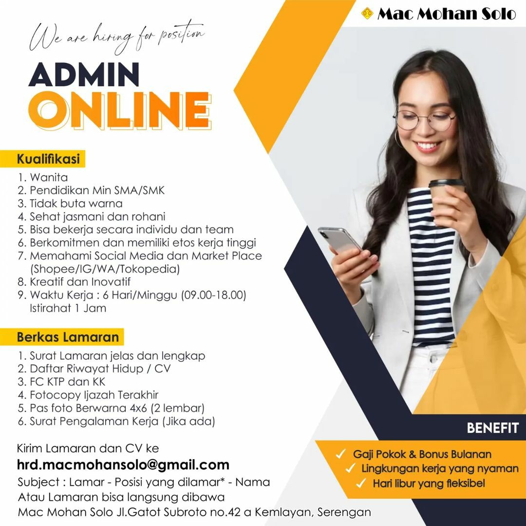 Lowongan Kerja April 2023 Admin Online Mac Mohan di Solo - INFO LOKER SOLO